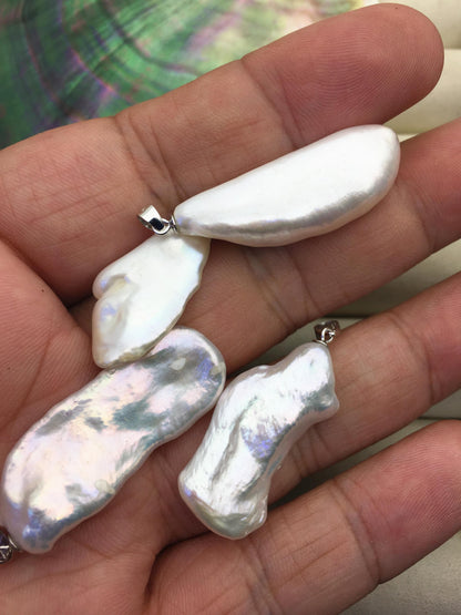 2pcs AAA 13-15mm Big White Keshi Biwa Baroque freshwater pearl pendant,NC1-T36