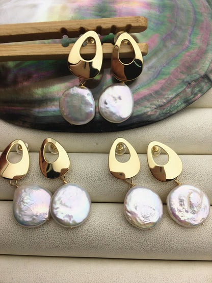 Big 15-16mm White Coin freshwater pearl stud earrings,wedding pearl earrings,SE3-131-87