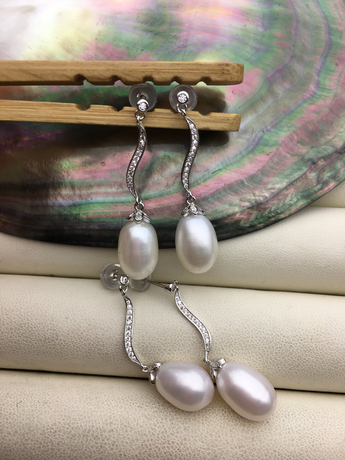 AAA 9mm White rice pearl cz stud earrings,zircon S925 Sterling Sliver pearl earrings,pearl for women for girl,SE3-106