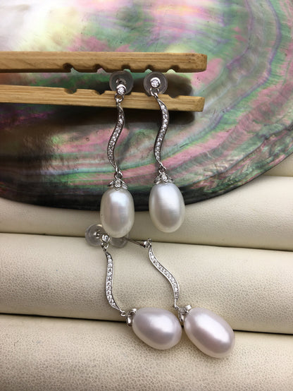 AAA 9mm White rice pearl cz stud earrings,zircon S925 Sterling Sliver pearl earrings,pearl for women for girl,SE3-106