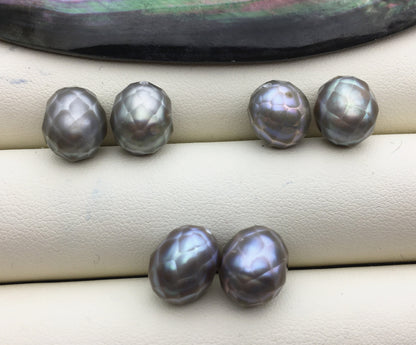 1 pair AAA 9.3-10mm Gray carved rice freshwater pearl pairs,oval pearl,LR9-3A-4-1