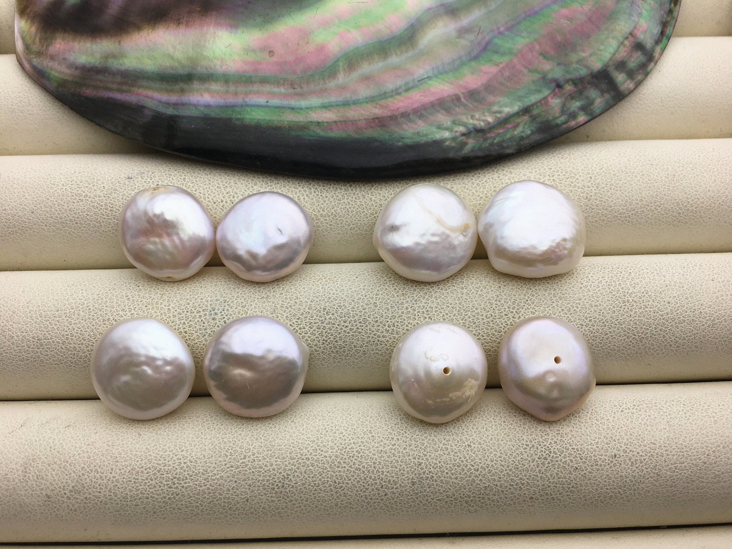 2 pairs AA 13-14.5mm White Coin Freshwater Pearl White loose Beads Pair,wholesale,ZS-103-37-29