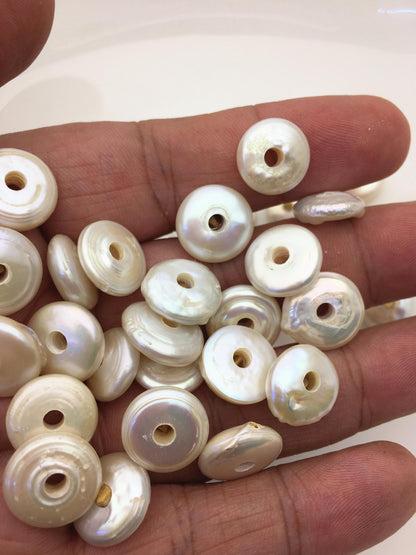 20pcs AA 12-14mm white coin freshwater pearls,3mm large hole,COIN12-T11