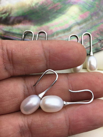 Minimalist white rice pearl dangle earrings,AAA 9mm oval rice pearl earrings for women,SE3-060