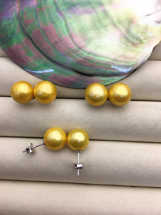 1 pair AA+ 10-11mm yellow round edison pearl stud earrings,S925 Sterling Sliver stud earrings,wedding pearl earrings,SE3-T9-13