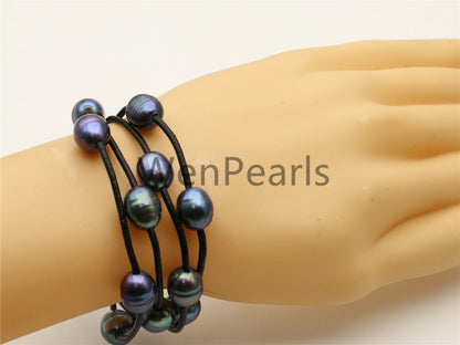 4 rows leather pearl bracelet,Select leather color,Handmade Cuff,Malachite Green Black Pearls on Brown Leather,Le7-090