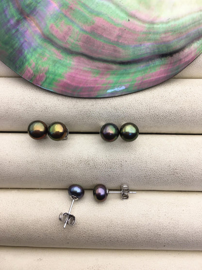 1 pair AAA 6.5-7mm peacock Pearl stud earrings,Sterling Silver,SE1-T5