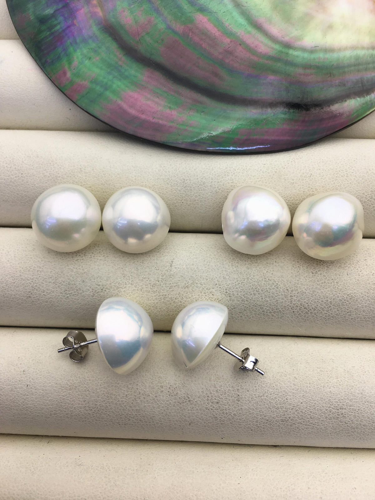 High Luster!1 pair AAA 13-14mm Mabe Half Ball Freshwater Pearl stud earrings,SE3-022-3