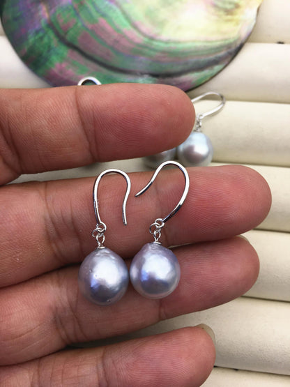 1 pair AA+ 11-12mm Silver Gray South Sea drop pearl dangling earrings,SE3-109-6