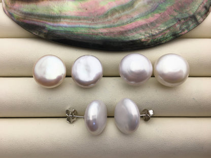 1 pair AA+ 15-16mm huge Coin Fresh Water pearl stud earrings,S925 Sterling Silver,SE3-186-3