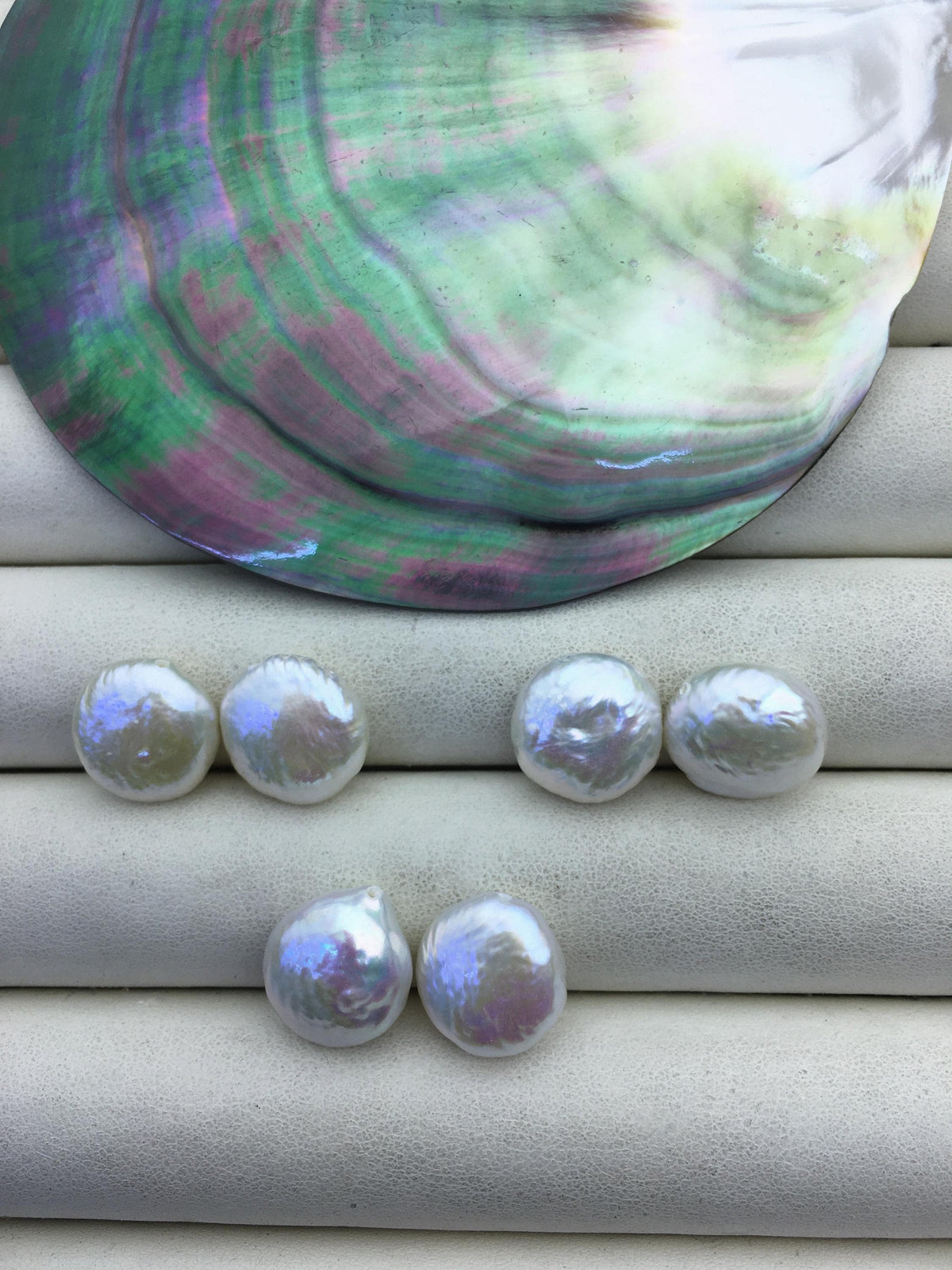 2 pairs AAA 13-14mm White Thick Coin Freshwater Pearl White loose Beads Pair,top half hole,ZS-103-37-24