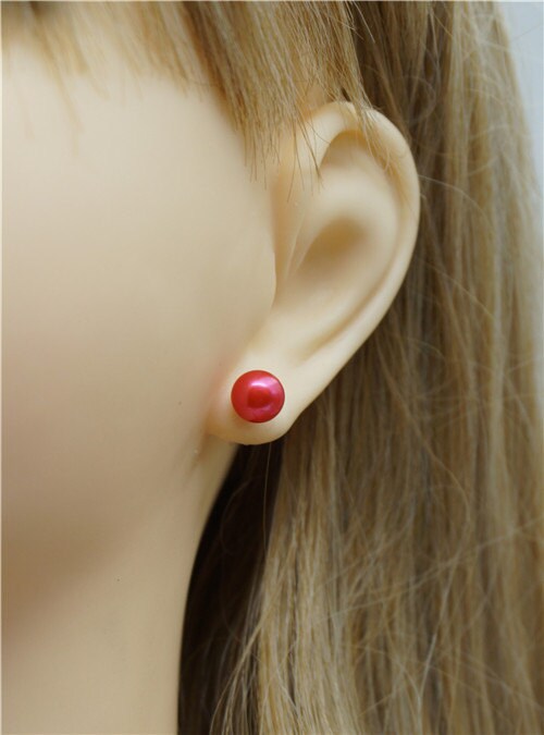 AAA 8mm Red Pearl Studs Earrings,Love,Silver Post Earrings,Large Pearl Earring,SE1-020
