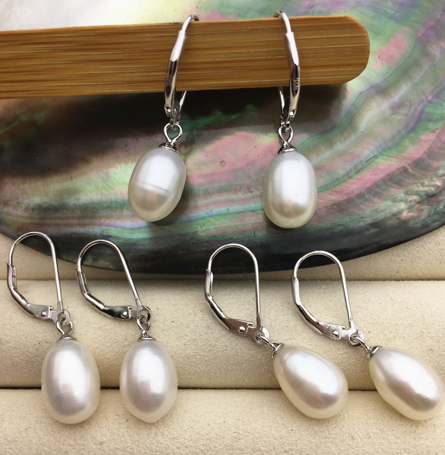 9mm white rice pearl dangling earrings,bridesmaid earring, genuine pearl for wedding anniversary, pearl with france hoop,SE3-074