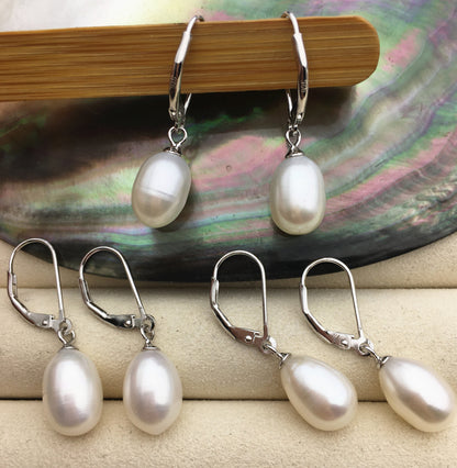 9mm white rice pearl dangling earrings,bridesmaid earring, genuine pearl for wedding anniversary, pearl with france hoop,SE3-074