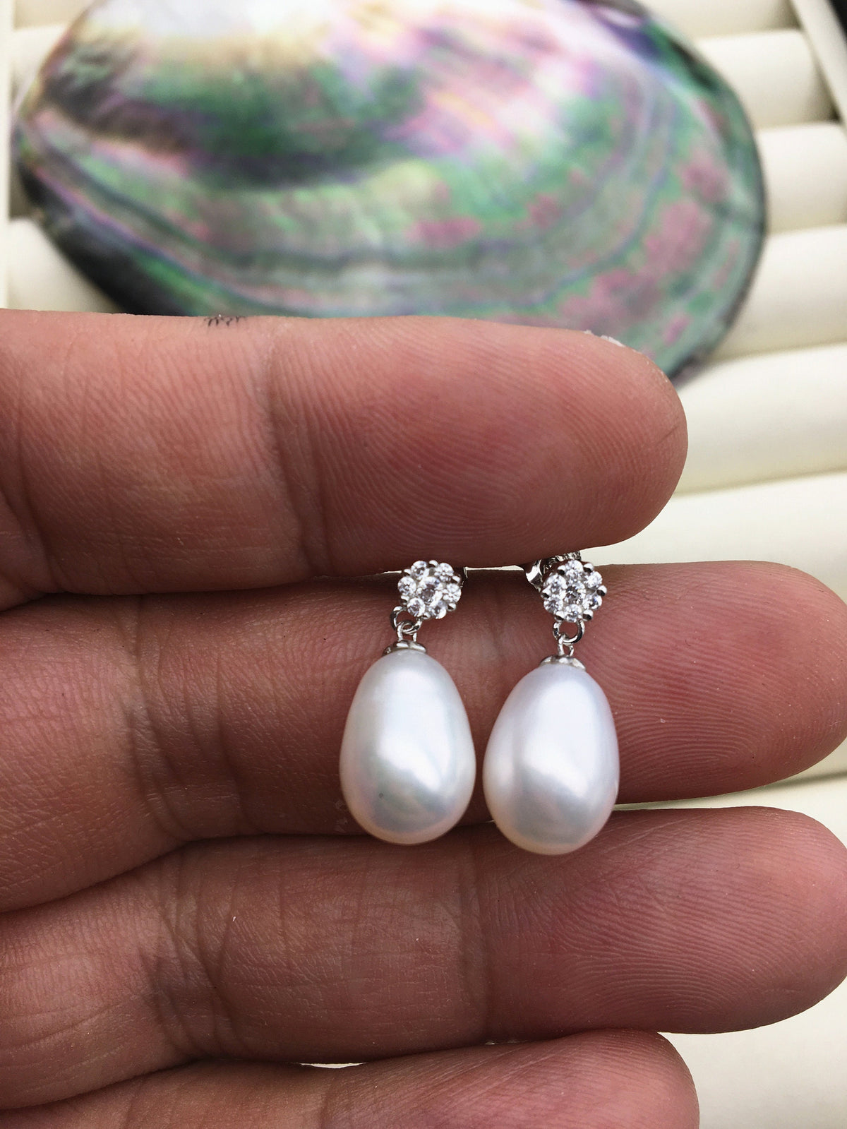 AAA 9mm White rice pearl flower cz stud earrings,S925 Sterling Sliver pearl earrings,pearl for women for girl,SE3-146