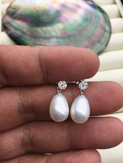 AAA 9mm White rice pearl flower cz stud earrings,S925 Sterling Sliver pearl earrings,pearl for women for girl,SE3-146