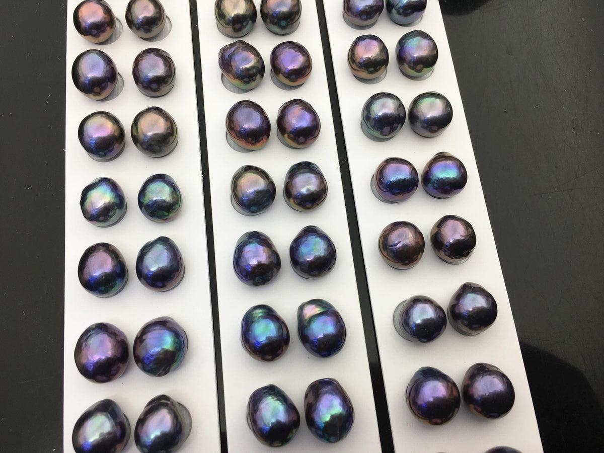 10pairs AAA 11-12mm Black Blue Rainbow baroque drop edison freshwater pearl Pair,top half hole,ED11-3A-2-24