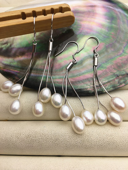AAA white/black brown rice pearl S925 Sterling Sliver dangle earrings,white Pearl Drop Earrings,wholesale pearl,SE3-084