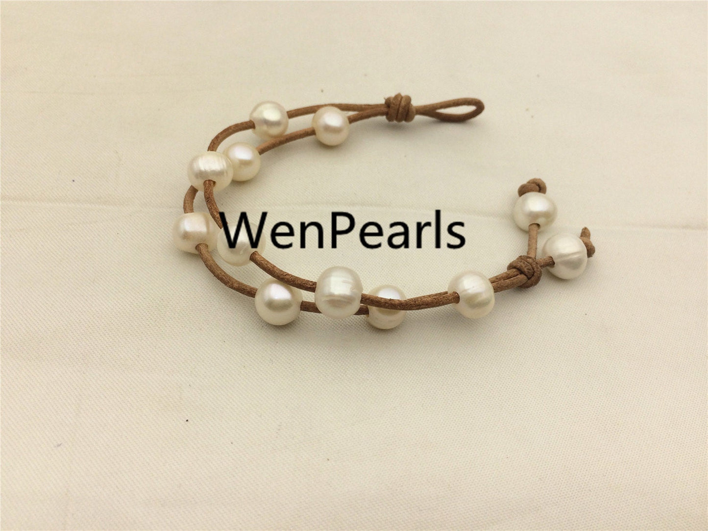 2 rows Leather Pearls Bracelet, Handmade Cuff,White Pearls on Brown Leather,Black leather bracelet,Le7-058