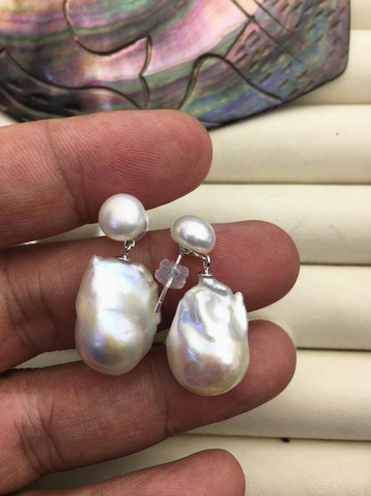 1 pair AAA 13-16mm flame ball pearl diamond stud earrings,sterling silver,earring with white baroque Natural Pearl,SE3-031-8