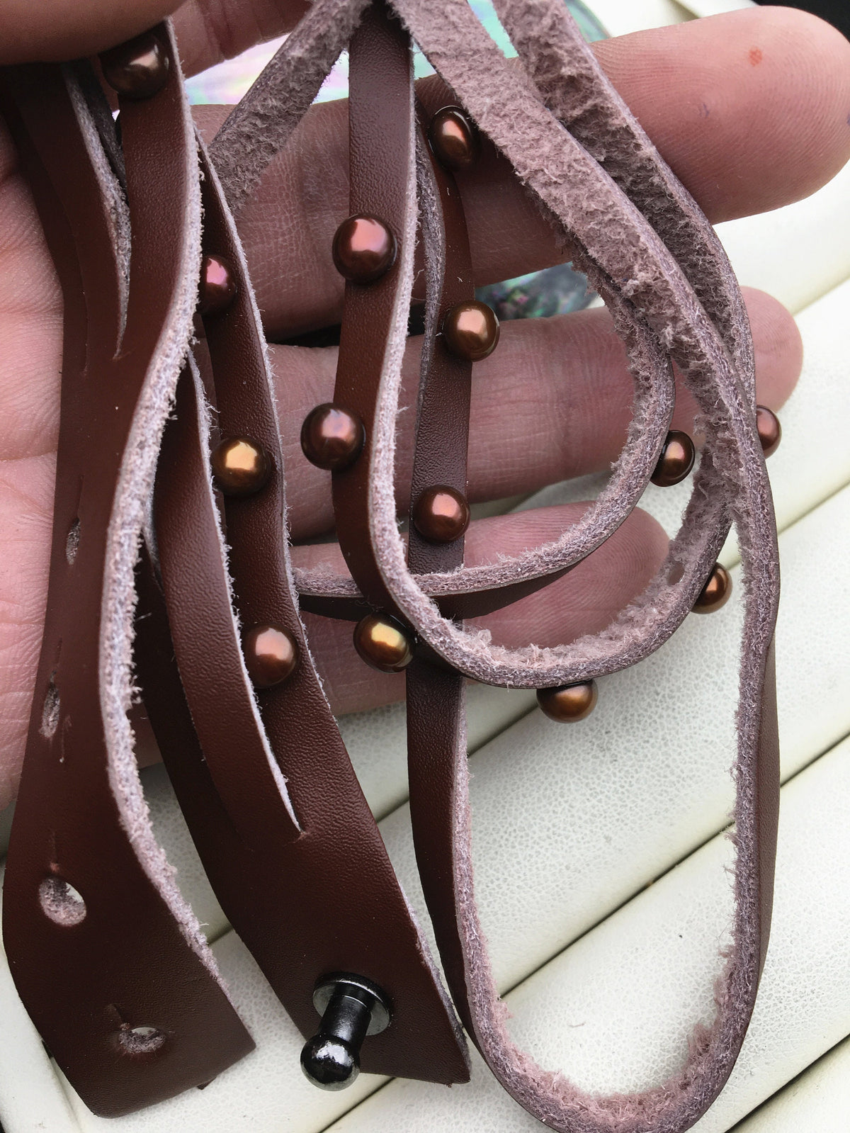 17 inches pearl leather Bracelet, Handmade Cuff,brown Pearls on Brown Leather,B8-059