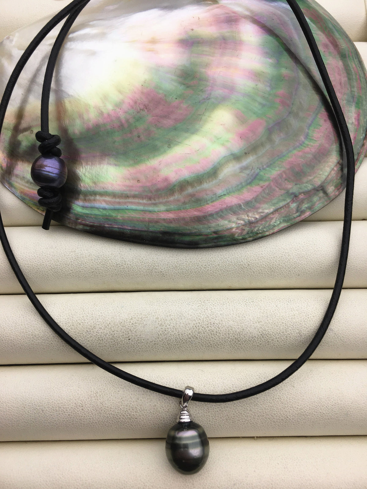 18'' 11-12mm big Tahitian Pearl Necklace,Black Leather necklace, S925 sterling silver pendant necklace,NPN1-004