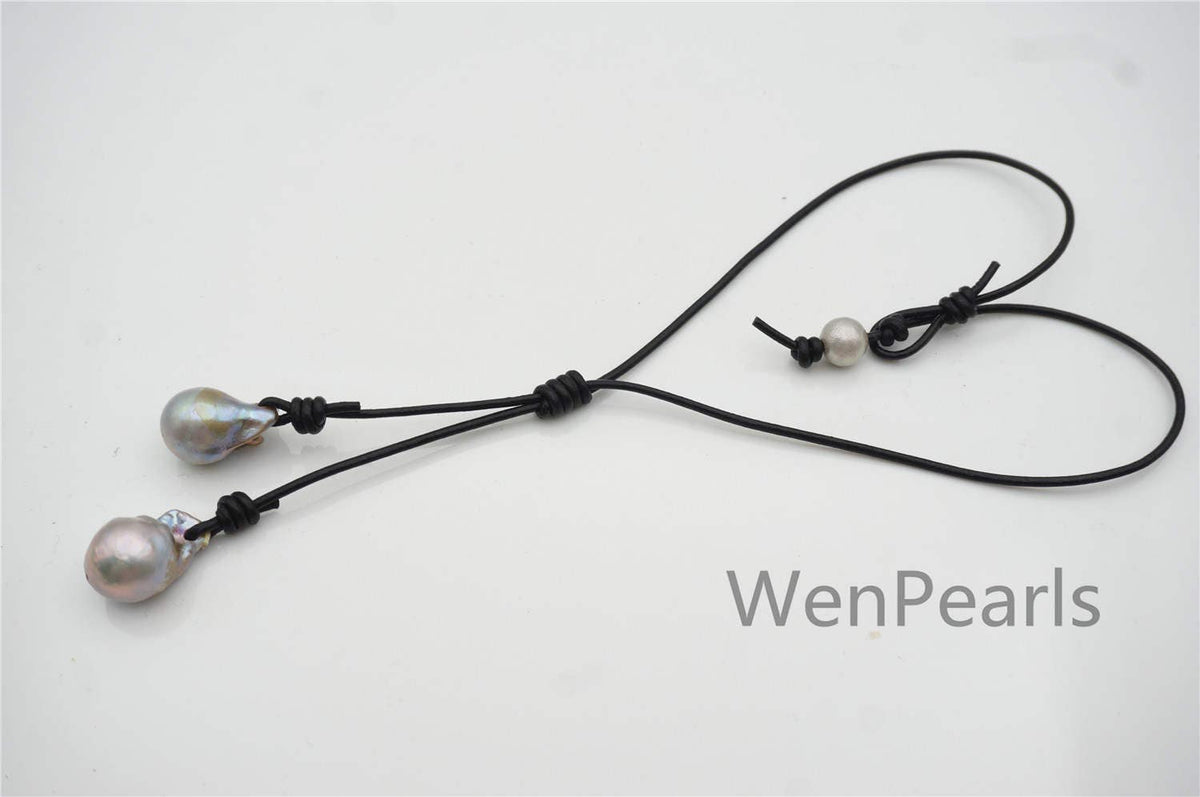 Two Gray Flame ball pearl and leather necklace,Baroque Freshwater Pearl Drop Necklace,Flaming ball pearl necklace,wholesale,Le4-058