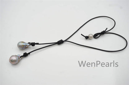 Two Gray Flame ball pearl and leather necklace,Baroque Freshwater Pearl Drop Necklace,Flaming ball pearl necklace,wholesale,Le4-058