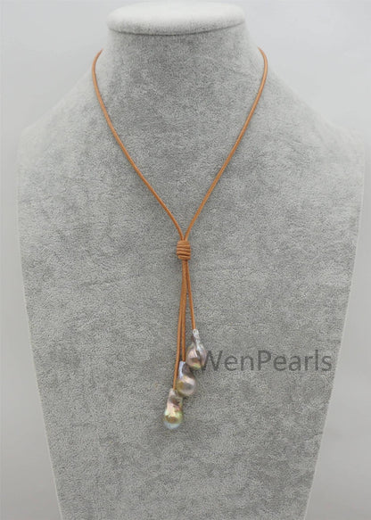 3 big Gray flameball pearl leather drop necklace,Pearl and Leather Lariat Necklace,Leather Pearl necklace,Le4-098