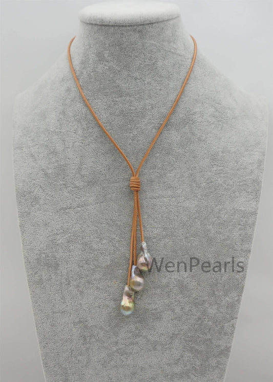 3 big Gray flameball pearl leather drop necklace,Pearl and Leather Lariat Necklace,Leather Pearl necklace,Le4-098