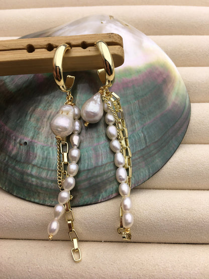 Fashion three theard Gold White freshwater pearl dangle earrings,earring with white baroque Natural Pearl,SE3-120-41