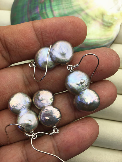 AA+ 12-13mm Gray Purple Coin Pearl Dangle Earrings- S925 silver pearl dangle earrings,SE3-T44