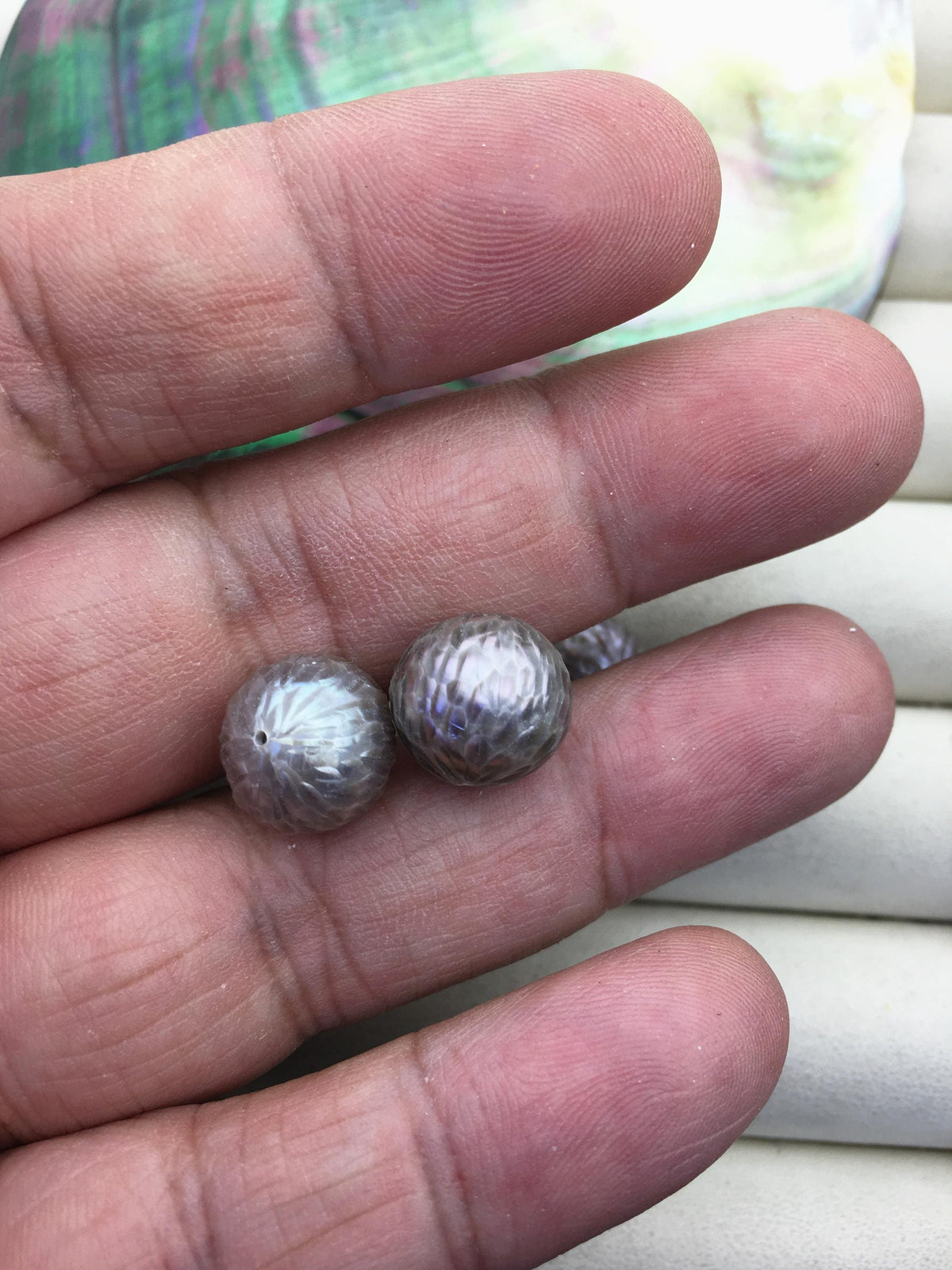 1 pair AAA 12-13mm Gray HandMade Carved Freshwater Pearl Beads For Earrings,CAC-T4