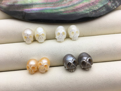 1 pair AAA 7-10mm White/Pink/Gray/Black HandMade Carved Skull Freshwater Pearl Beads For Earrings,CAC-SKU-008