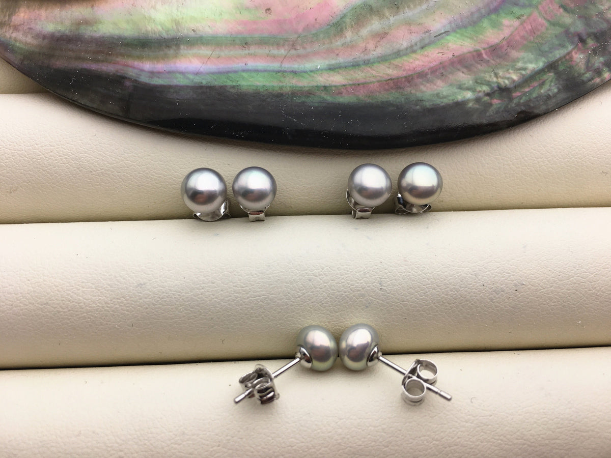 1 pair AAA 6-7mm tiny light gray pearl stud earrings,Sterling Silver,SE1-T15