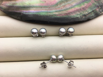 1 pair AAA 6-7mm tiny light gray pearl stud earrings,Sterling Silver,SE1-T15