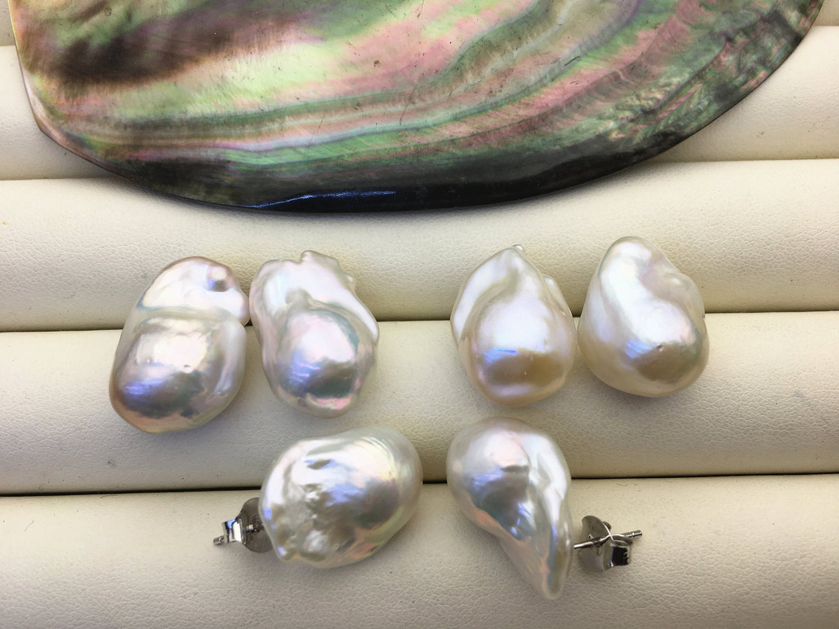 1 pair AAA 12-16mm flame ball pearl stud earrings,sterling silver,earring with white baroque Natural Pearl,SE3-031-4