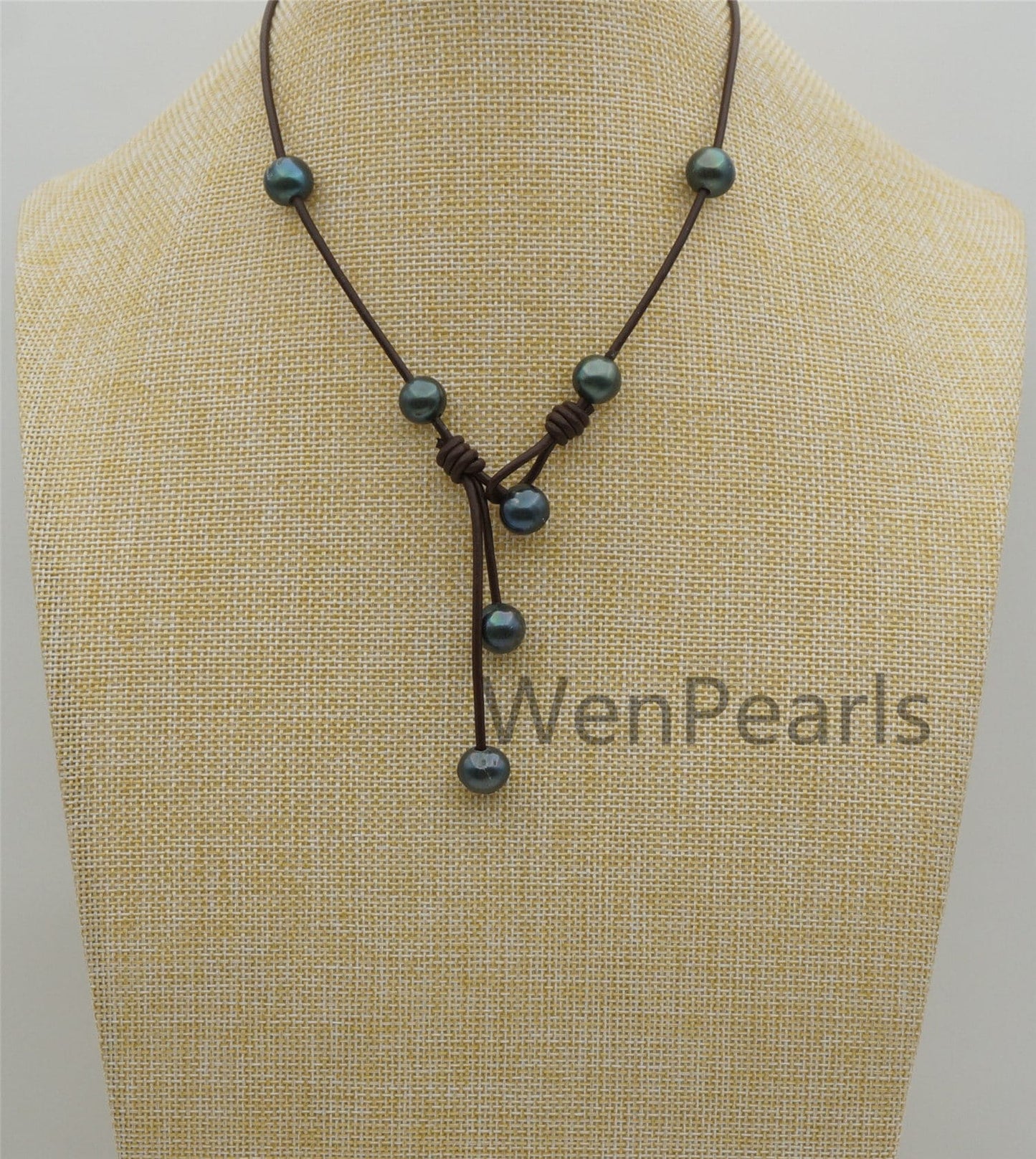 Deep Blue Potato Near Round Pearl Leather necklace,Green Freshwater pearl,Birthday,Black Leather Pearl necklace,Select leather color,Le4-081