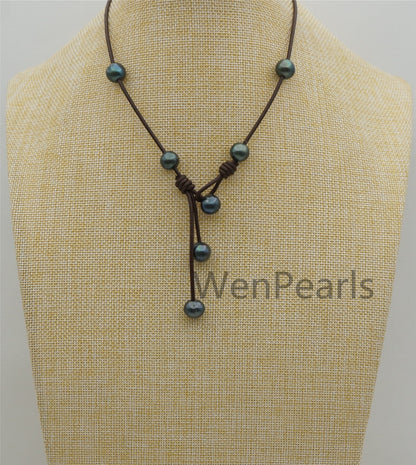 Deep Blue Potato Near Round Pearl Leather necklace,Green Freshwater pearl,Birthday,Black Leather Pearl necklace,Select leather color,Le4-081
