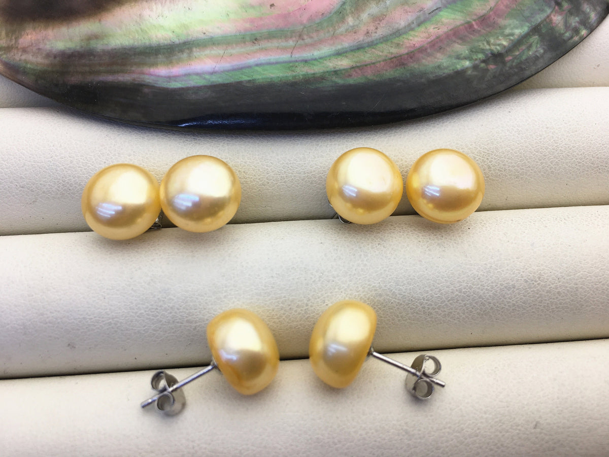 1 pair AAA 10.5-11mm Yellow Pearl stud earrings, bridal,wedding party earrings,SE1-T11