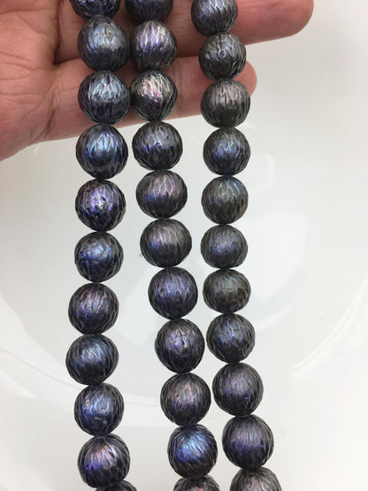 15.5'' AA 11-13mm Black Round Carved Freshwater Pearl - Hand Carved - CAC-T22