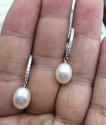 AAA white oval pearl earring wedding,Sterling Silver rice pearl dangle earrings,bridal earrings pearl,SE3-070