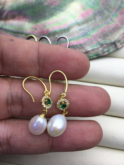 AAA 9mm White rice pearl cz stud earrings,zircon S925 Sterling Sliver pearl earrings,green stone earrings,SE3-002