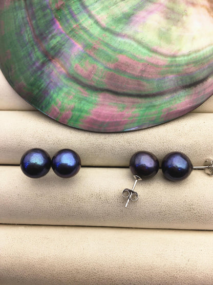 1 pair AA+ 9-10mm black round edison pearl stud earrings,S925 Sterling Sliver stud earrings,wedding pearl earrings,SE3-T9-59