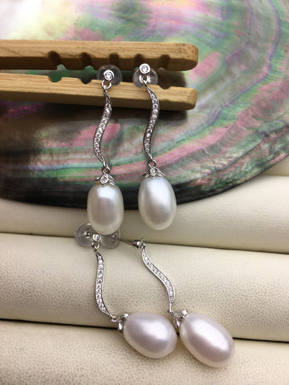 AAA 9mm White rice pearl cz stud earrings,zircon S925 Sterling Sliver pearl earrings,pearl for women for girl,SE3-106
