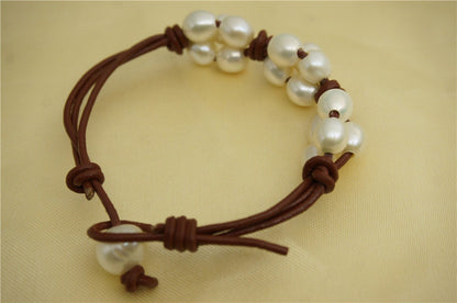 Rice white pearl leather necklace,twisted leather pearl bracelet, knotted freshwater pearl bracelet,Leather Pearls Bracelet,Le7-060