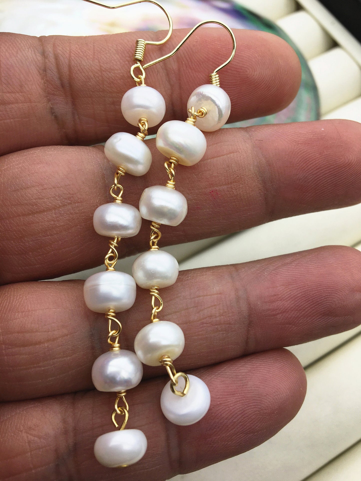 Handmade white button round pearl dangle earrings,earring with white baroque Natural Pearl,SE3-120-5