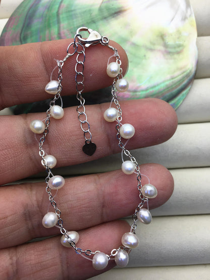 6.5+1.5'' AA+ 4-5mm twist white potato Freshwater pearl svlier color chain Bracelet,B8-055-9