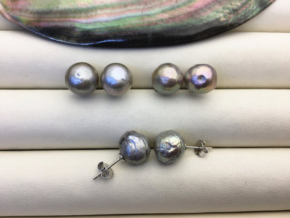 2 pairs AA+ 10-11mm gray baroque near round edison pearl stud earrings,S925 Sterling Sliver stud earrings,SE3-T61