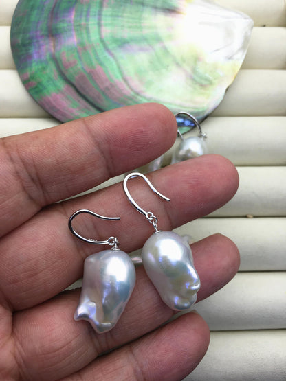 AAA 13-18mm white flame ball pearl dangle earrings,sterling silver,earring with white baroque Natural Pearl,SE3-031-18